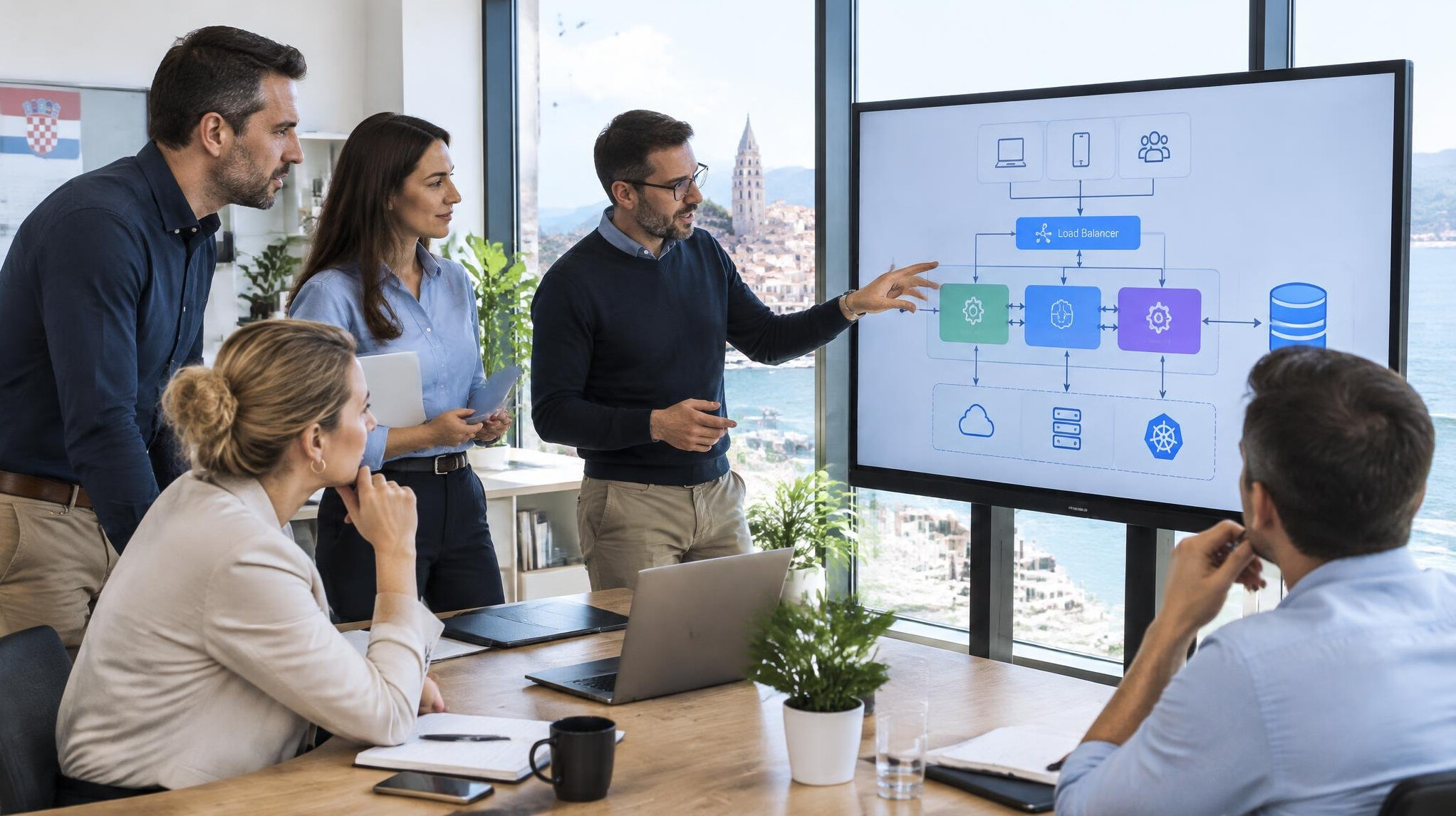 Team of professionals discussing a software project on a screen in a modern office