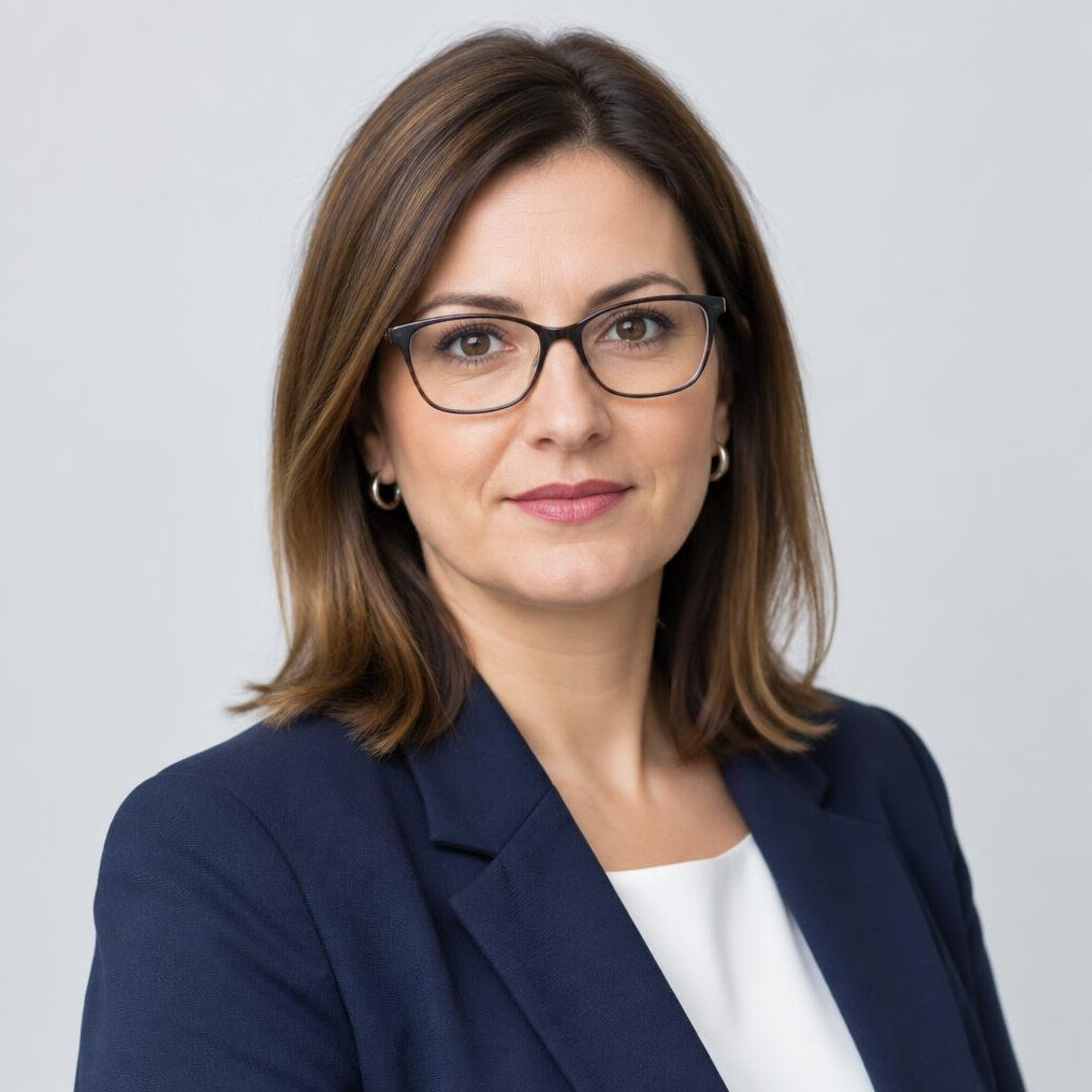 Studio portrait of a Croatian woman with glasses