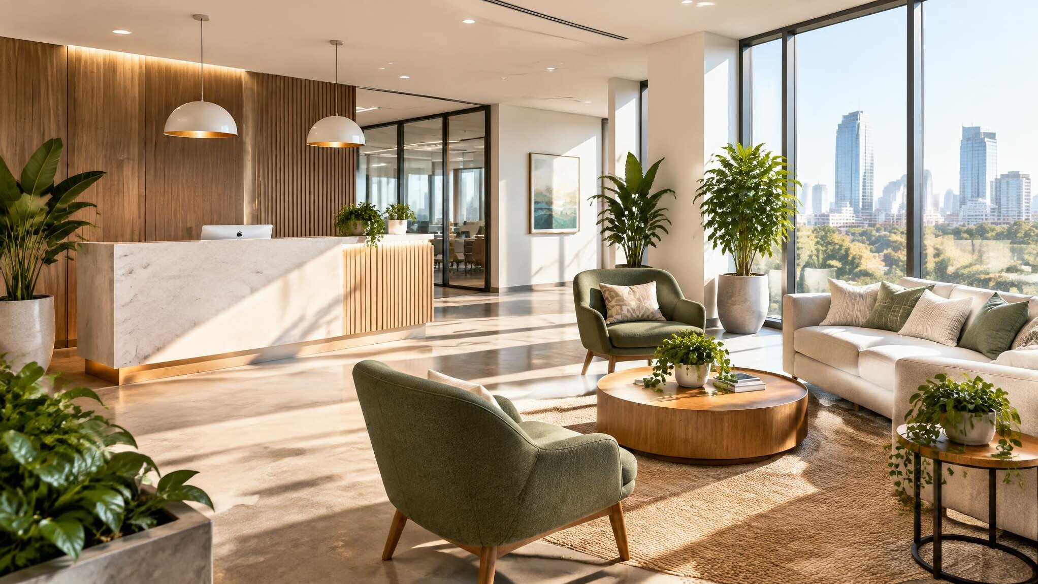 Bright modern office reception and lounge area