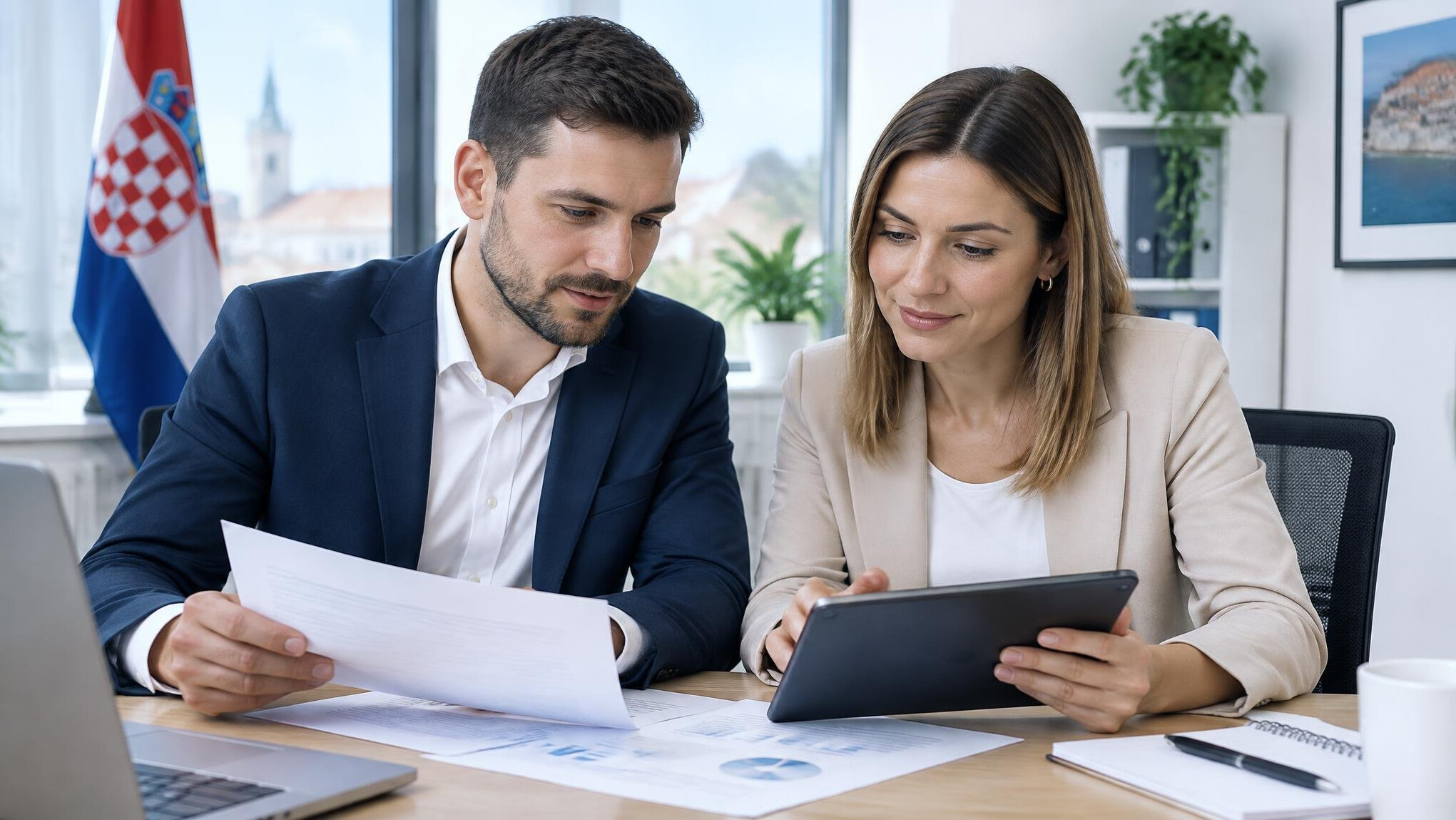 Two colleagues reviewing documents together at a desk