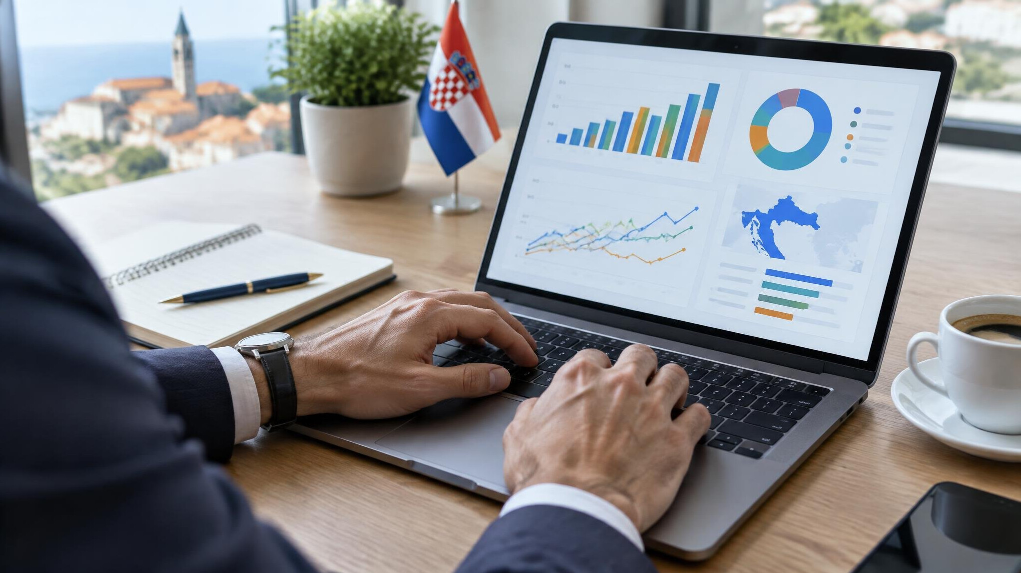 Person analyzing data charts on a laptop screen