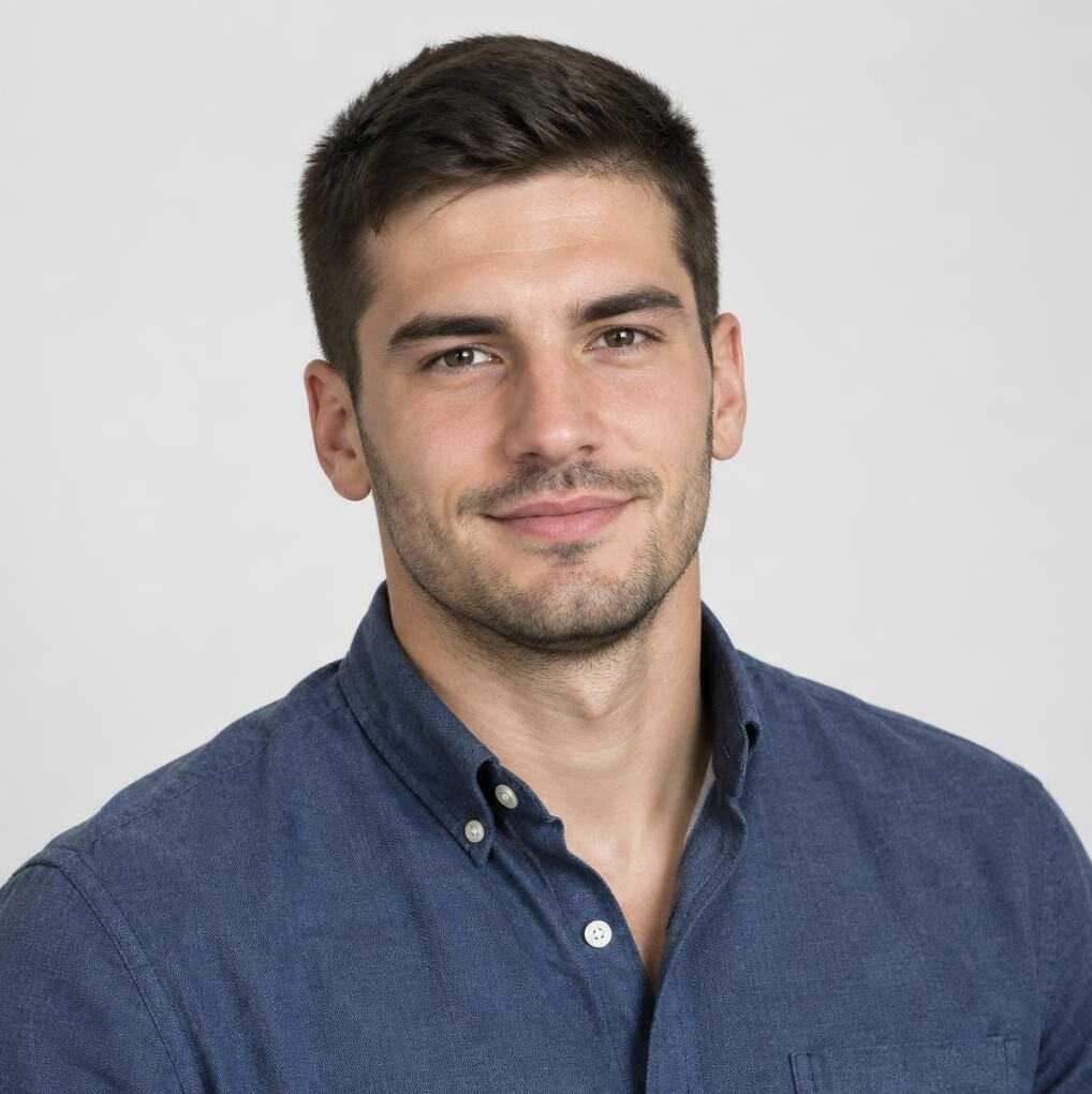 Studio portrait of a young Croatian man with short hair